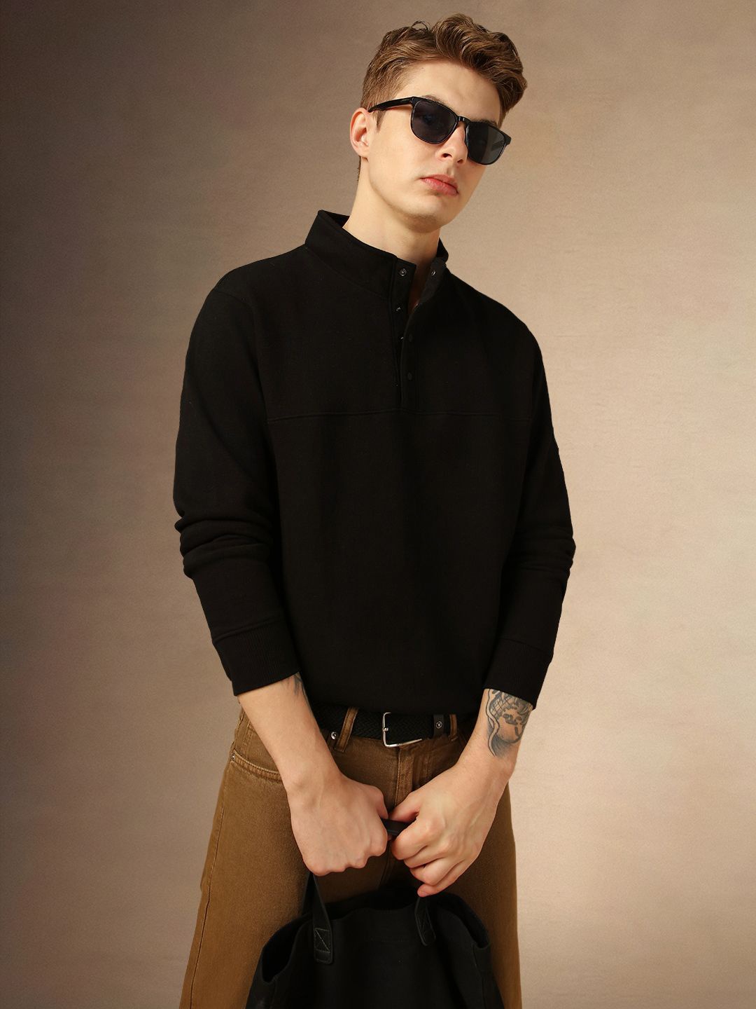 

Dennis Lingo Mock Collar Cotton Pullover, Black