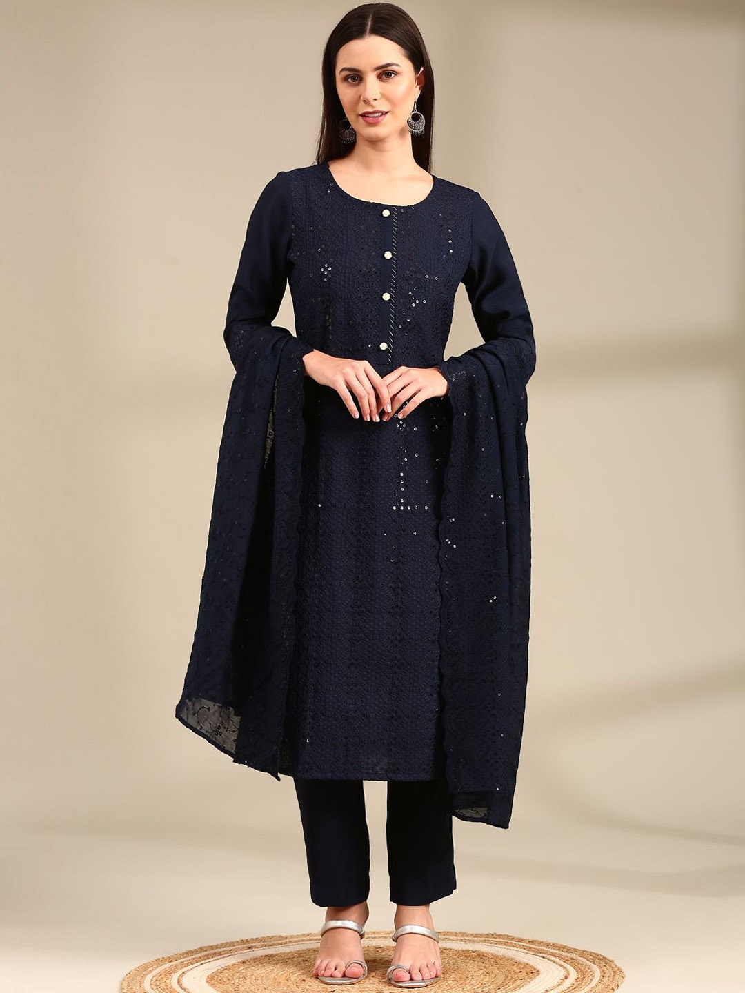 

Anouk Navy Blue Ethnic Motifs Embroidered Sequinned Straight Kurta With Trouser & Dupatta