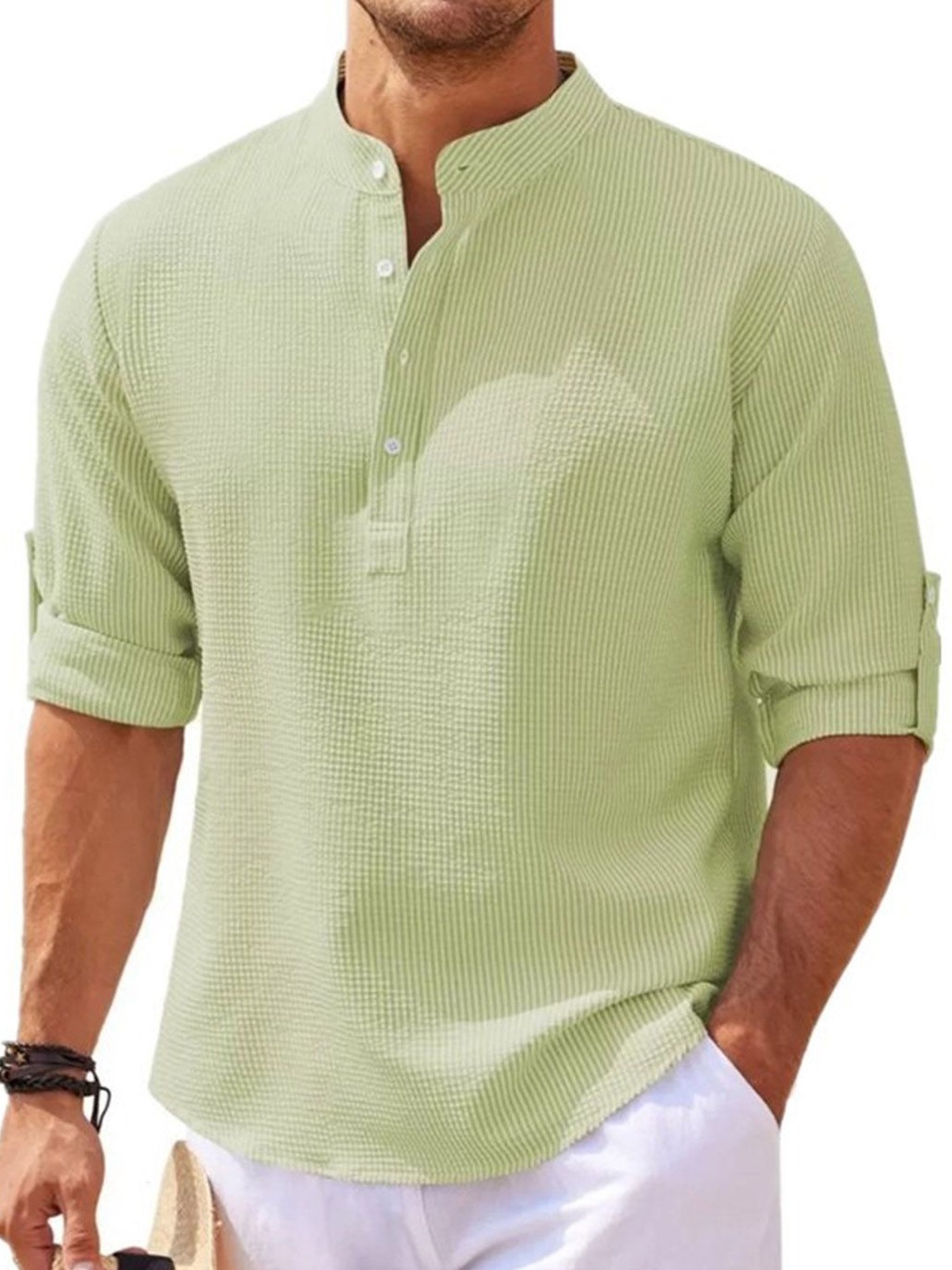 

StyleCast Men Band Collar Solid Cotton Casual Shirt, Green