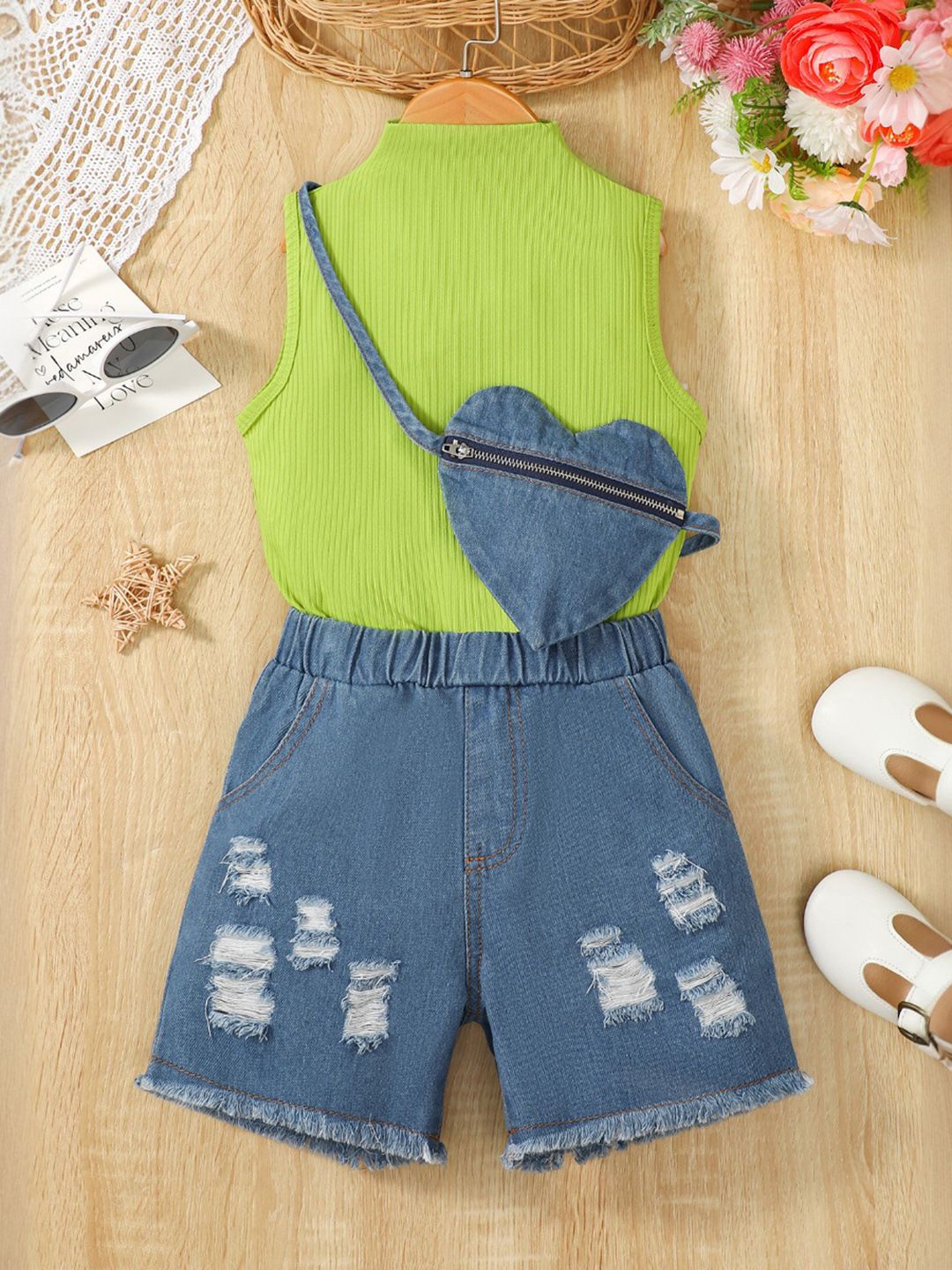 

INCLUD Girls Top with Denim Shorts, Green