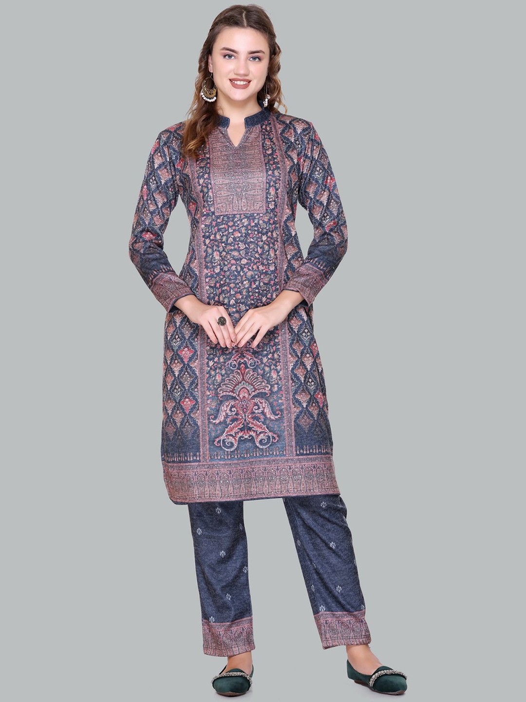 

Melvin Floral Printed Beads & Stones Straight Kurta with Trousers & Dupatta, Blue
