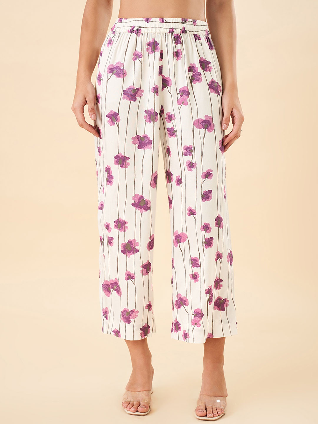

RANGMANCH BY PANTALOONS Women Floral Printed Flared Trousers, Lavender