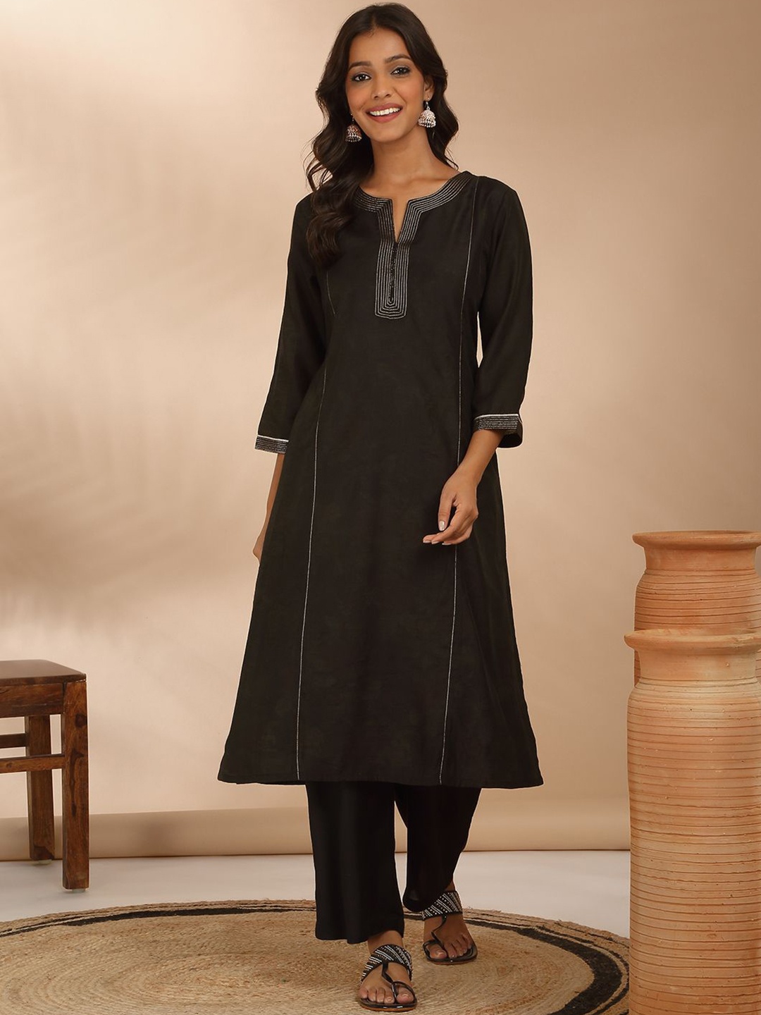

Likha Thread Work Chanderi Cotton Kurta with Trouser, Black