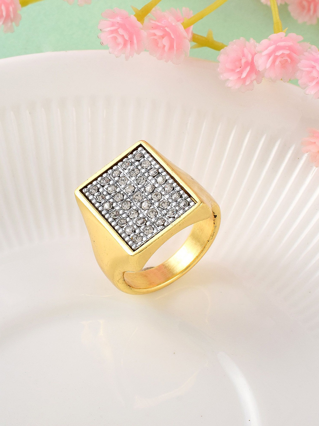 

MEMOIR Men Gold-Plated Cubic Zirconia Studded Finger Ring