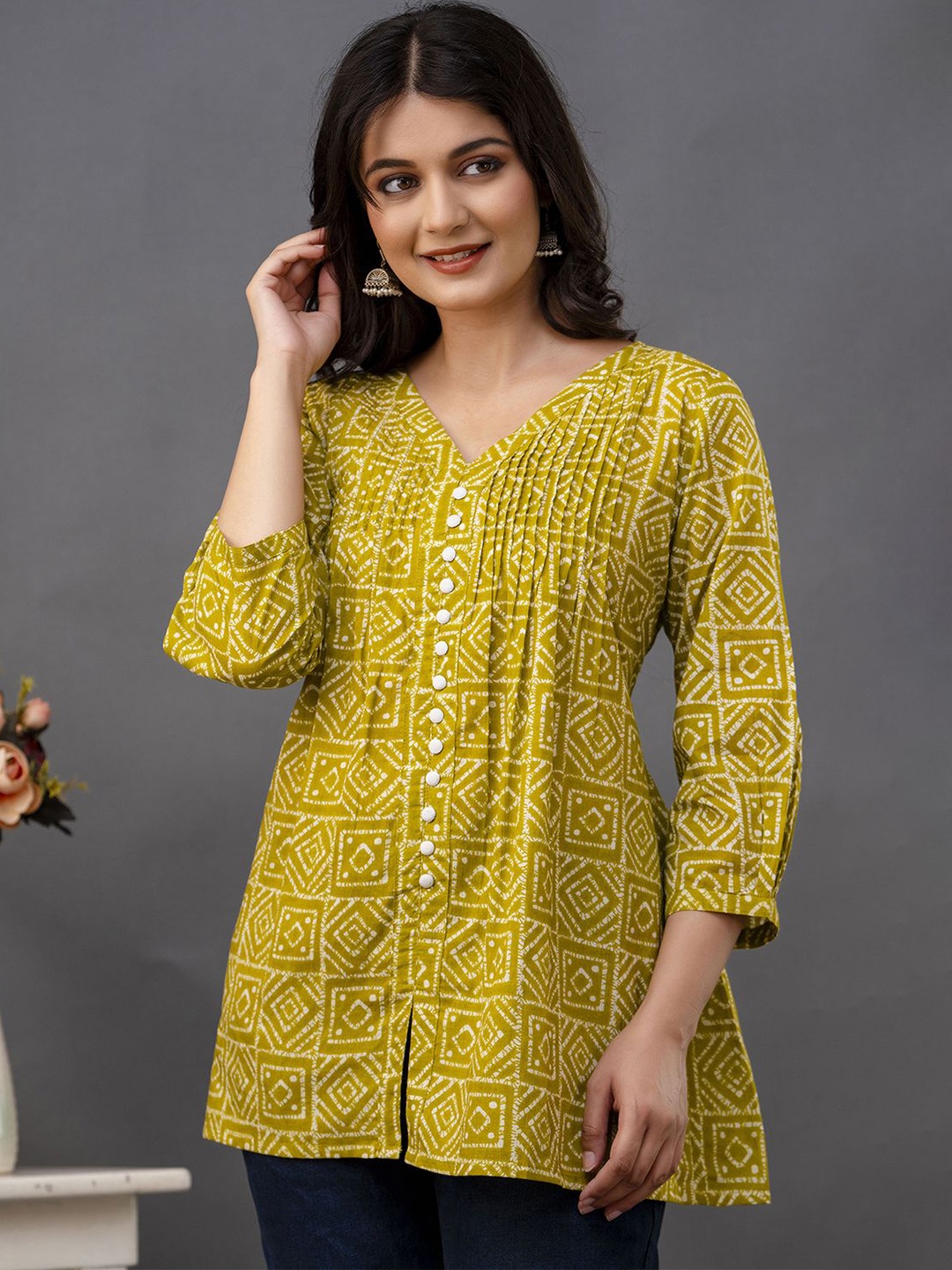 

NISHABD Women Print Pure Cotton Top, Mustard