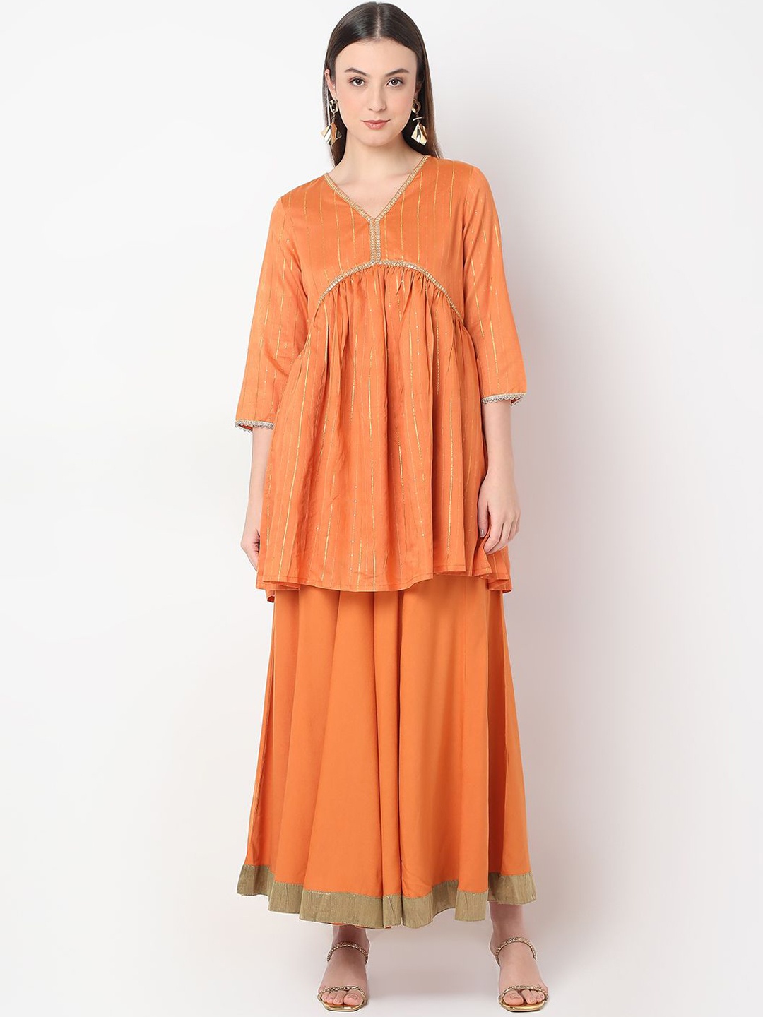 

Ethnicity Striped Woven Design V-Neck Empire Kurta with Palazzo & Dupatta, Orange