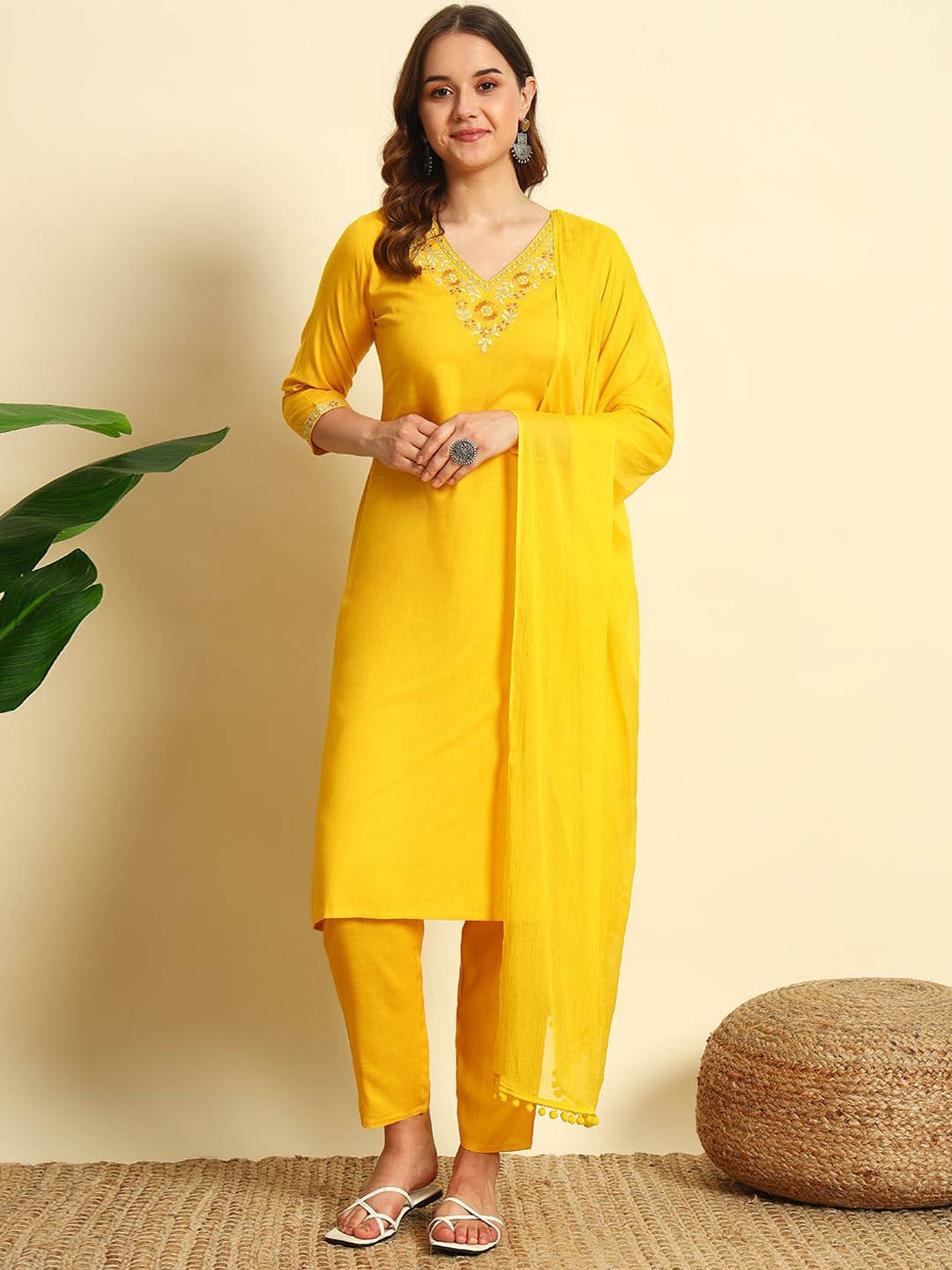 

IkDaiya Floral Embroidered Mirror Work Straight Kurta With Trousers & Dupatta, Yellow