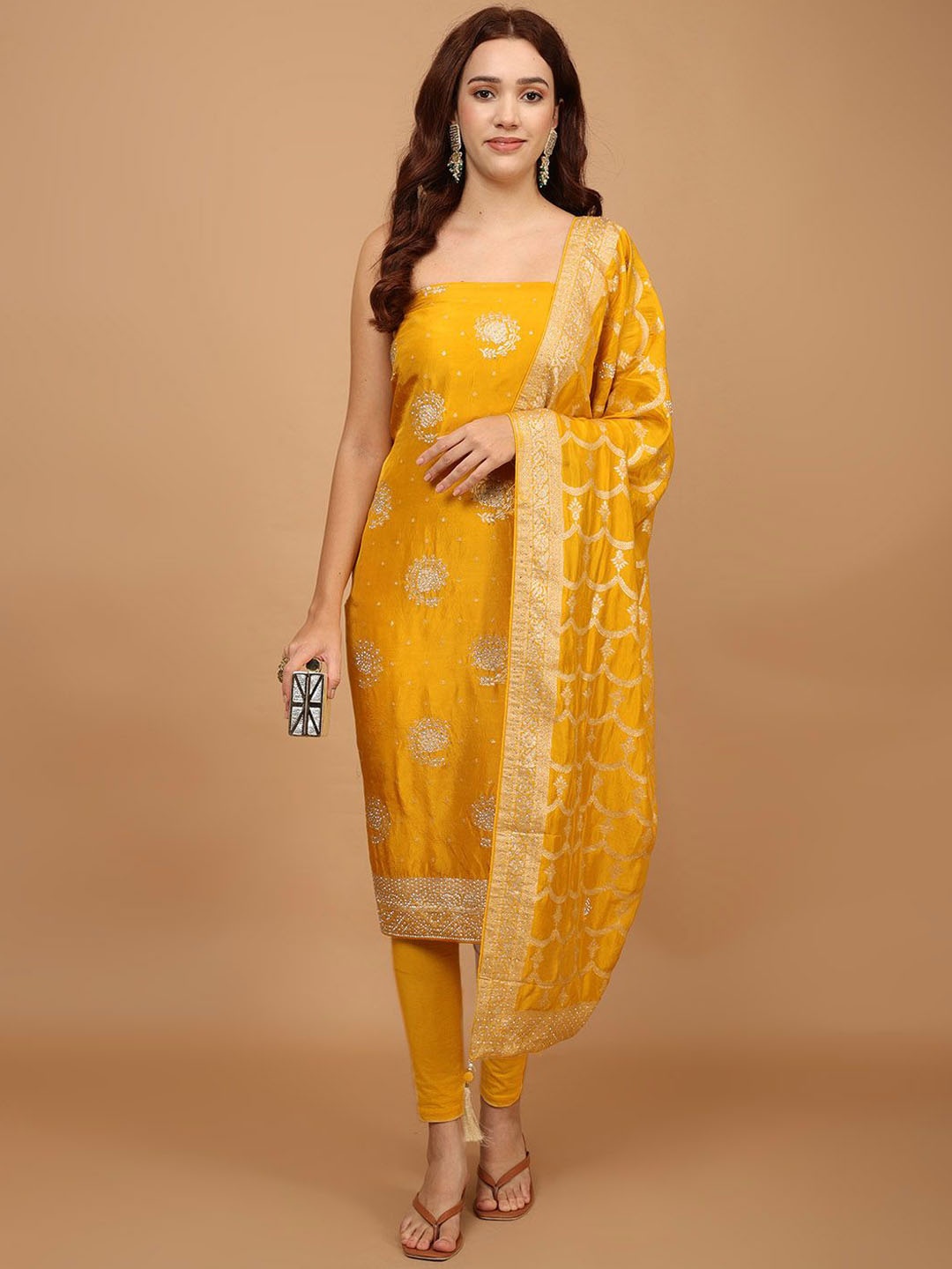 

Meena Bazaar Floral Woven Design Unstitched Dress Material, Yellow