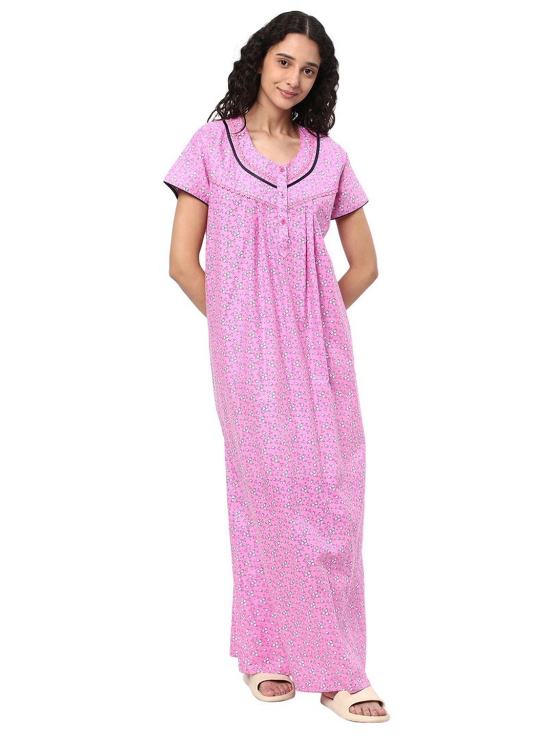 

KOVIRA Women Pure Cotton Printed Maxi Everyday Nightdress, Pink