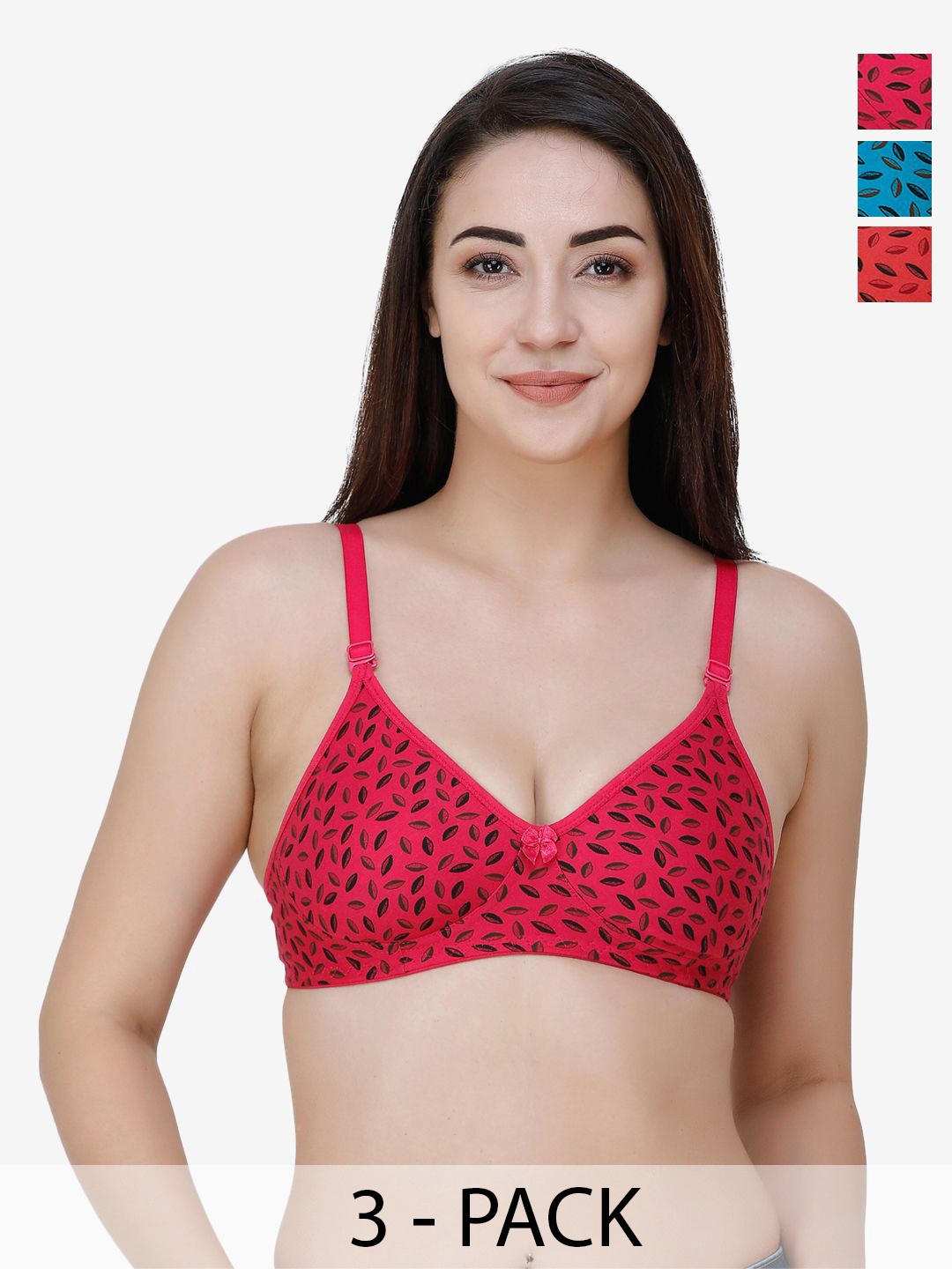 

Docare Fleximold Leaf Pack Of 3 Cotton Non Padded Floral Printed T-Shirt Bra, Red