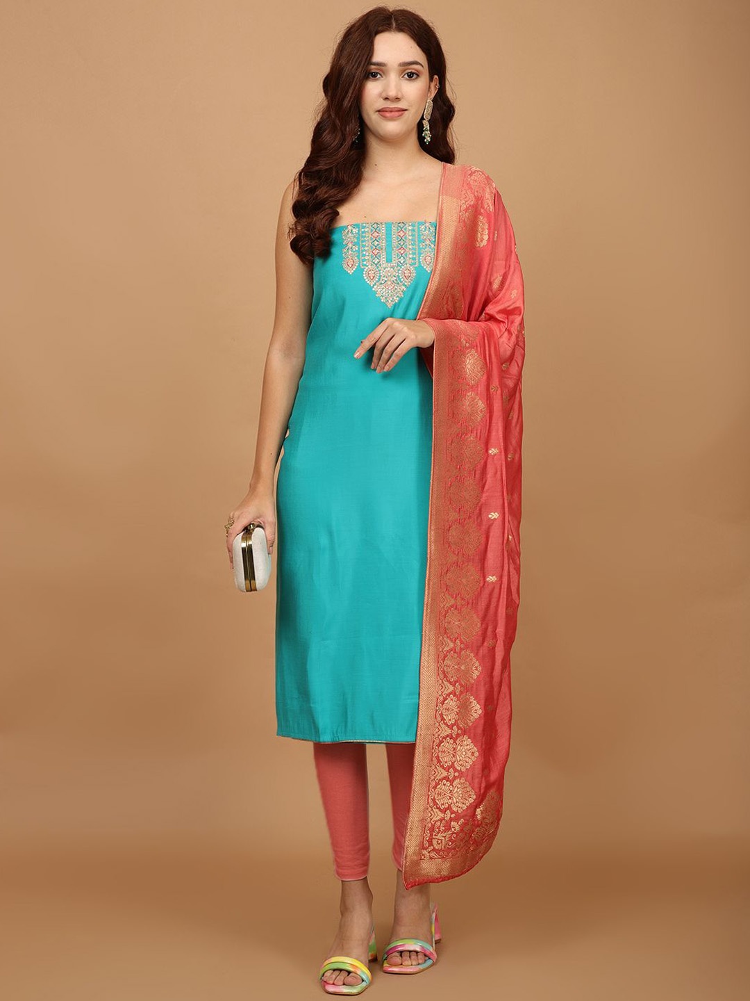 

Meena Bazaar Floral Embroidered Unstitched Dress Material, Sea green