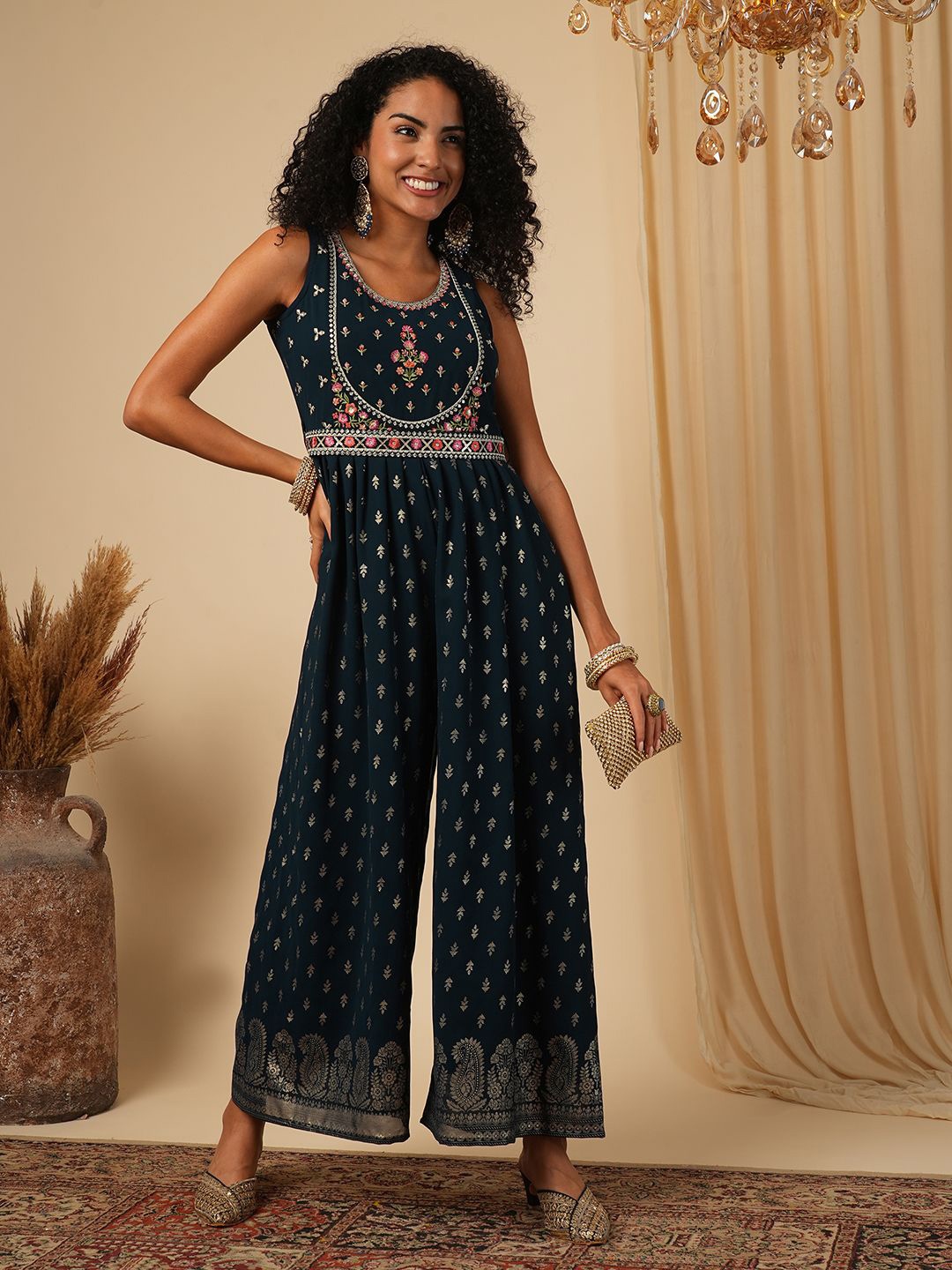 

Globus Women Printed Basic Jumpsuit with Embroidered, Teal
