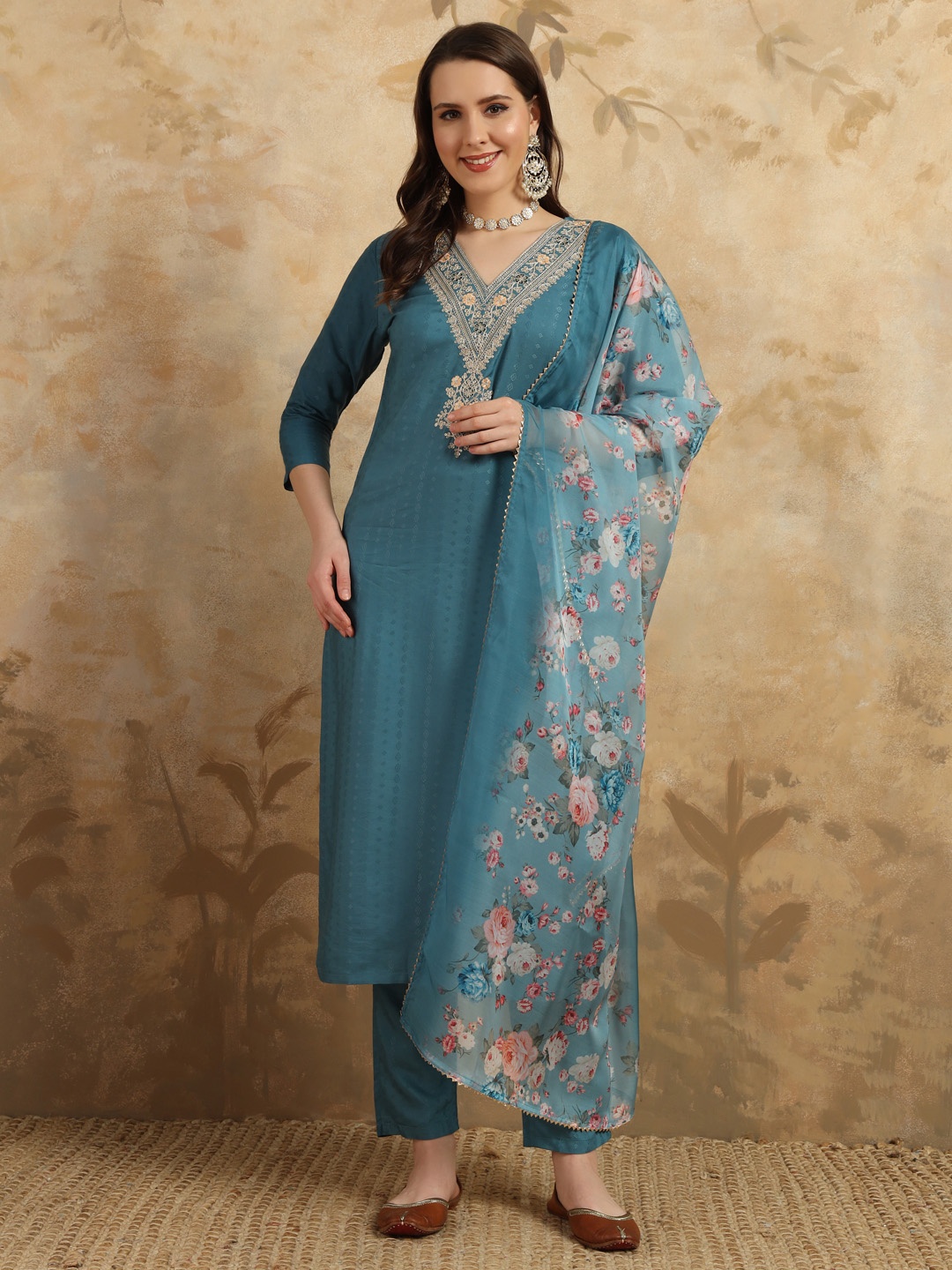 

KALINI Ethnic Motifs Yoke Design Thread Work Chanderi Silk Kurta with Trouser & Dupatta, Teal