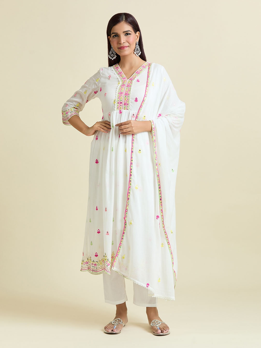 

Samyukta Singhania Embroidered Thread Work Pure Cotton Anarkali Kurta with Trousers & Dupatta, White