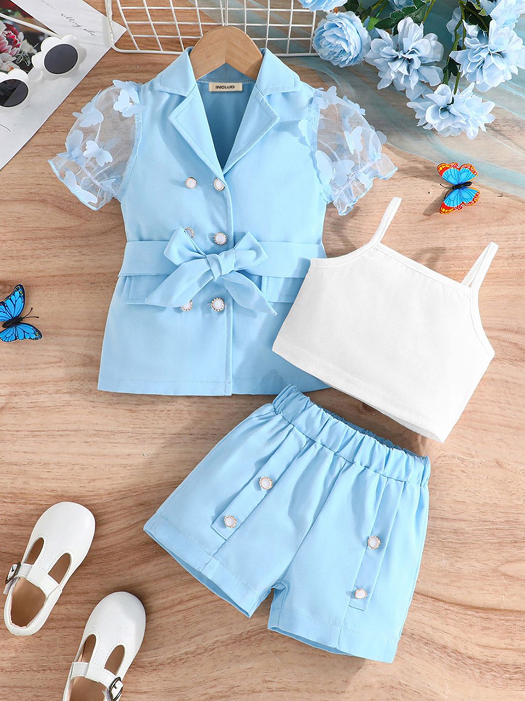 

INCLUD Girls Self Design Coat with Shorts and Camisole Clothing Set, Blue