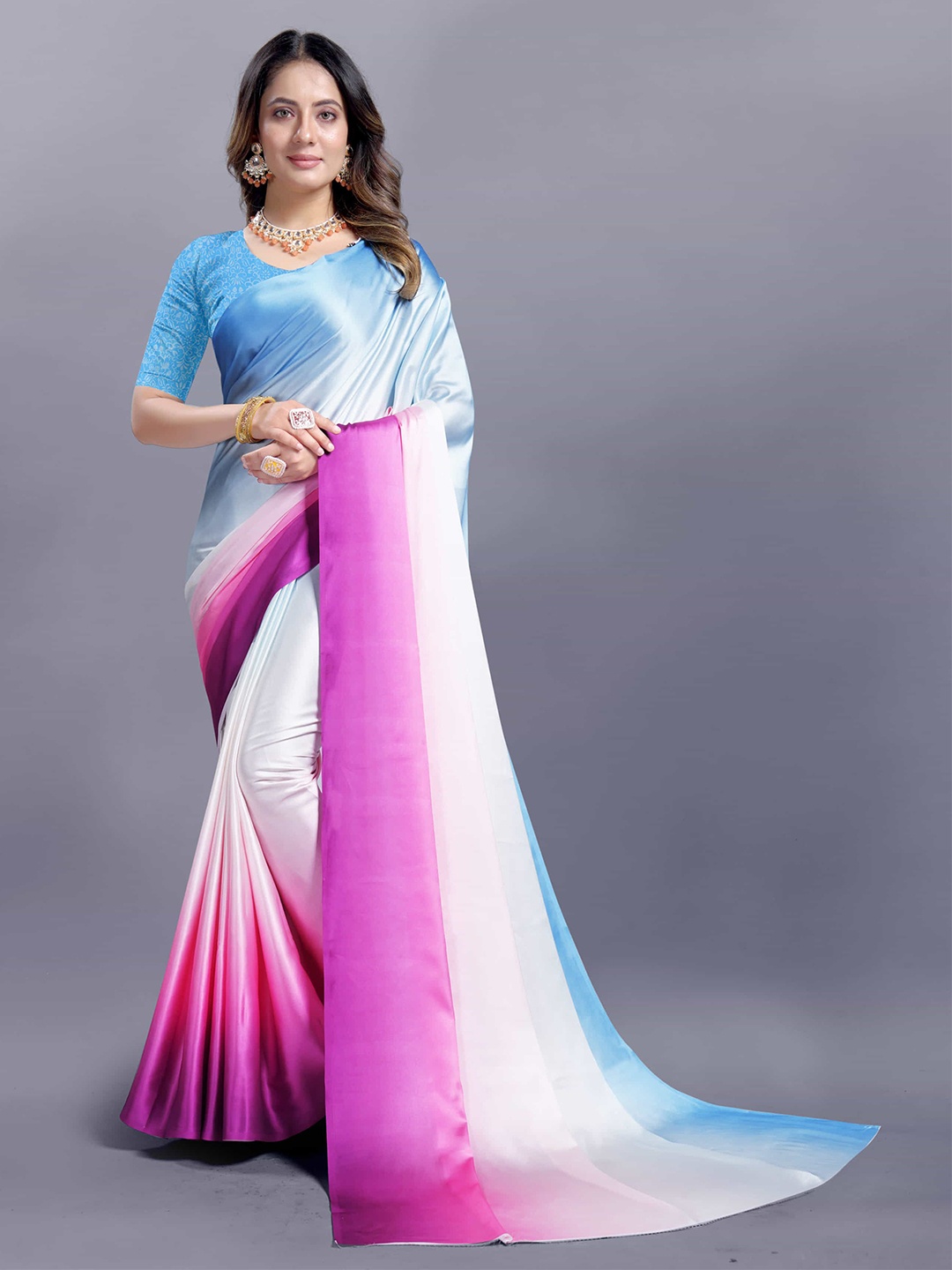 

V3 FASHION STUDIO Ombre Dyed Satin Saree, White