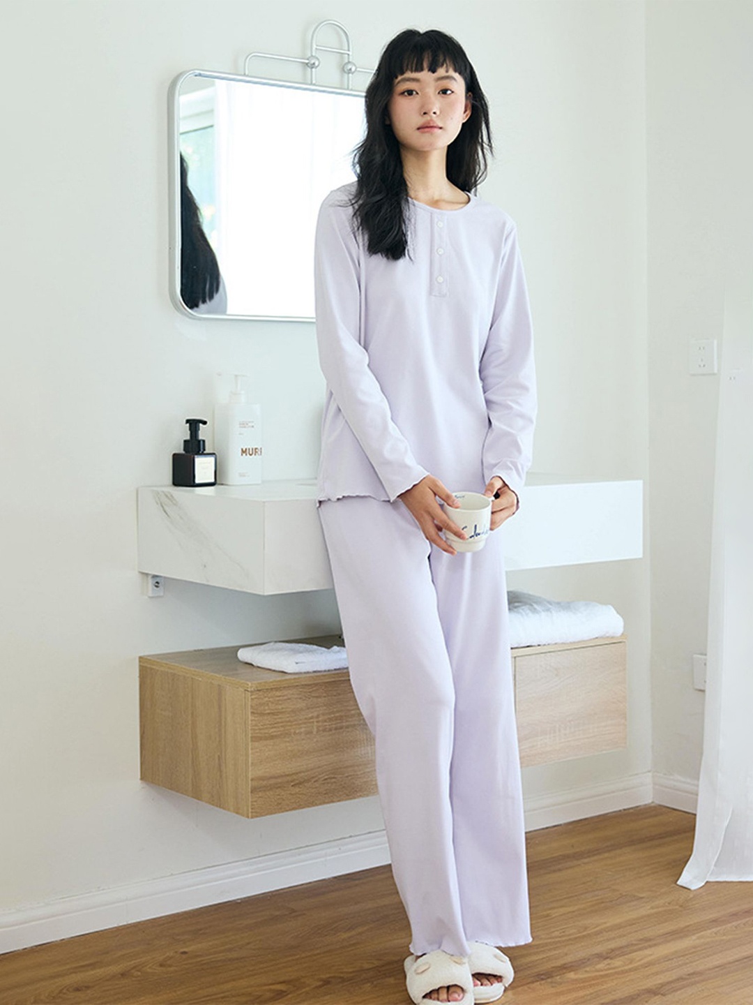 

LULU & SKY Women Round Neck Long Sleeve Night Suit, Purple
