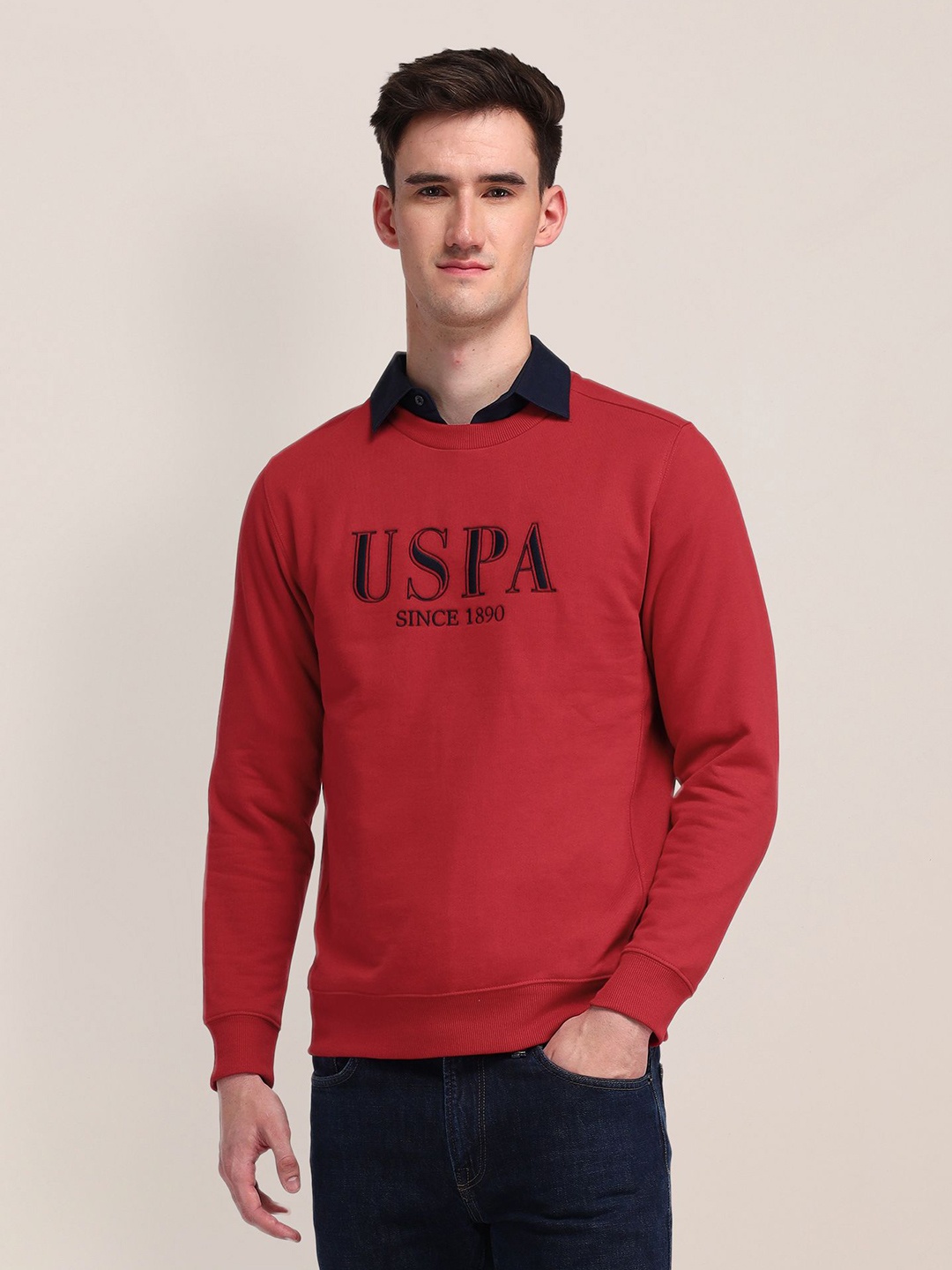 

U.S. Polo Assn. Men Cotton Typography Long Sleeves Round Neck Casual Sweatshirts, Red