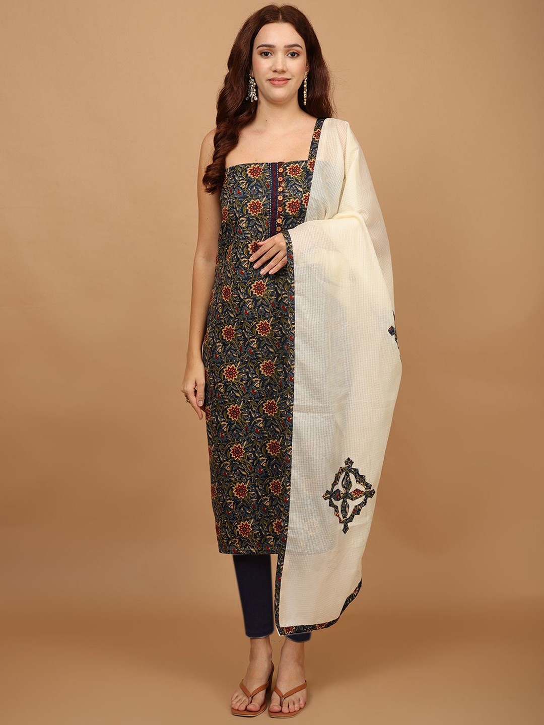 

Meena Bazaar Floral Printed Unstitched Dress Material, Navy blue