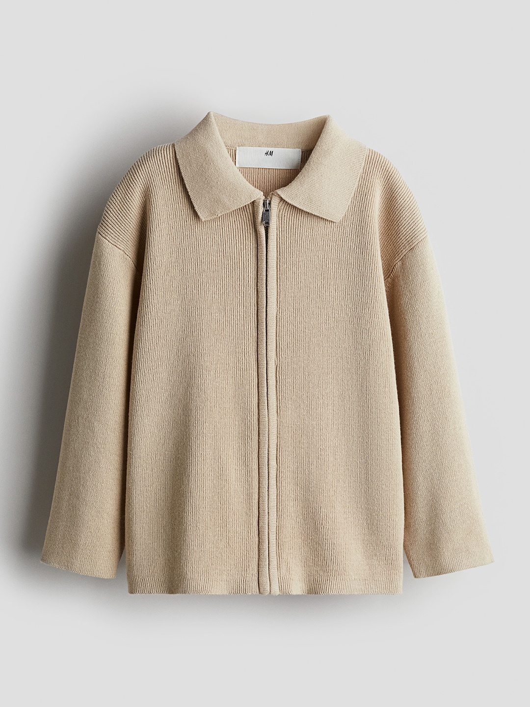

H&M Boys Rib Knit Zip Through Cardigan, Beige