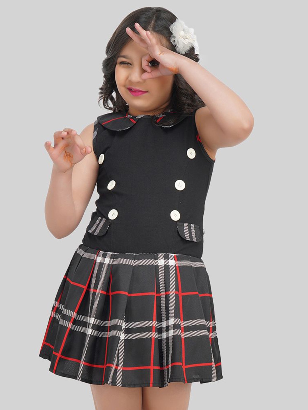 

BEING NAUGHTY Girl's Checked Crepe Fit & Flare Dress, Black