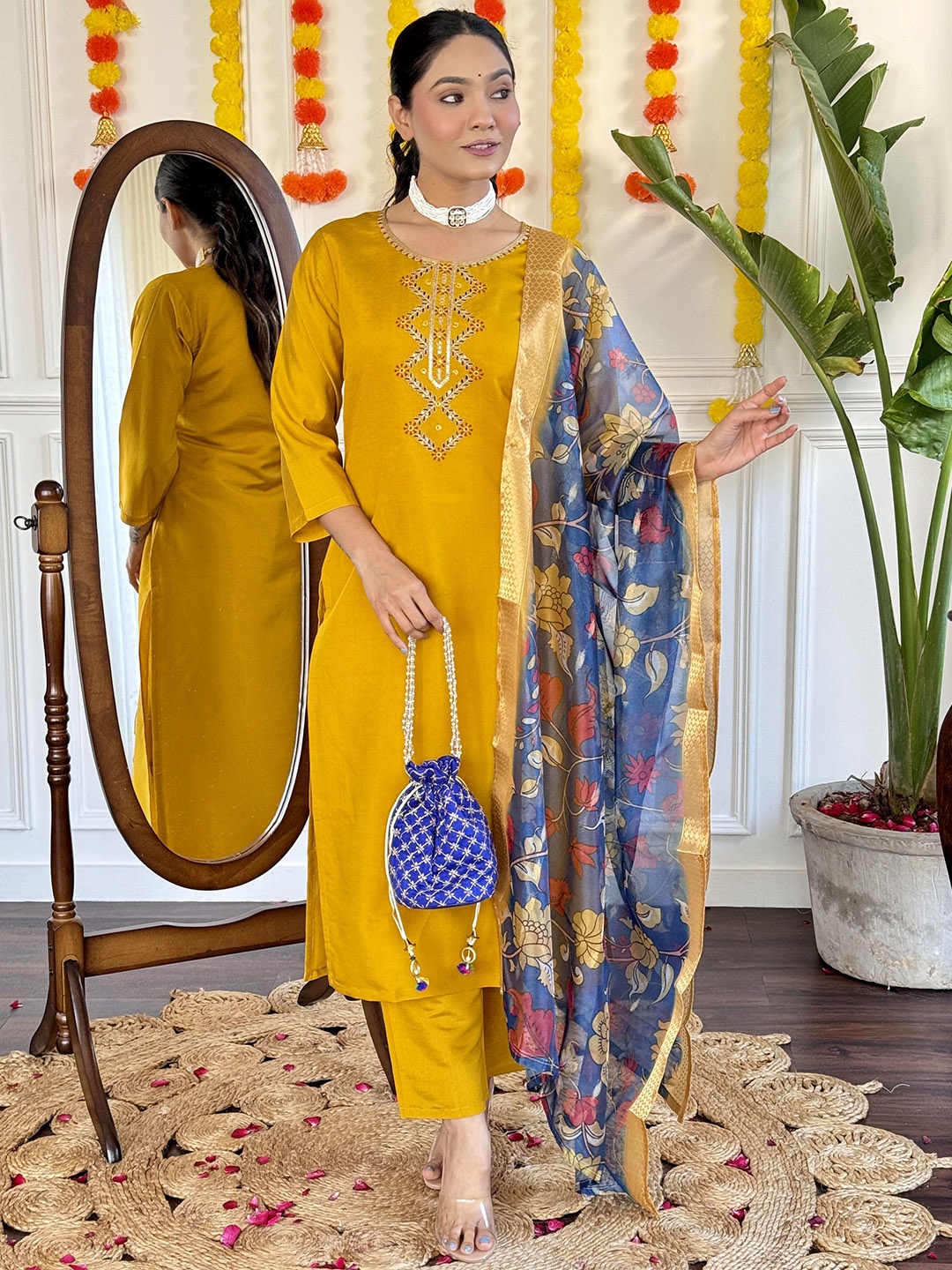 

KALINI Embroidered Thread Work Straight Kurta with Trouser & Dupatta, Yellow