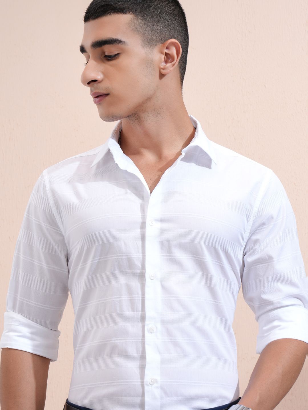 

Highlander Men Dobby Textured Striped Casual Shirt, White