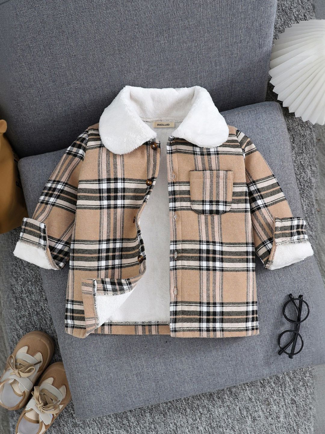 

INCLUD Girls Peter Pan Collar Tartan Checked Cotton Casual Shirt, Brown