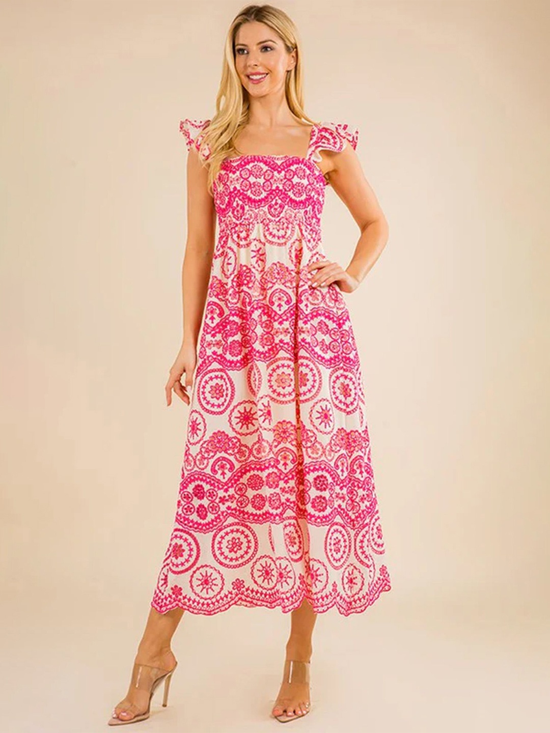 

LULU & SKY Women Ethnic Motifs Printed Flutter Sleeve Maxi Midi Dress, Pink