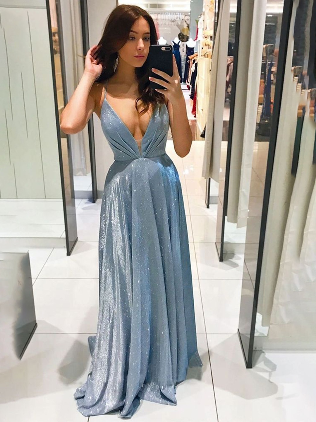 

LULU & SKY V-Neck Shimmery Maxi Dress, Blue