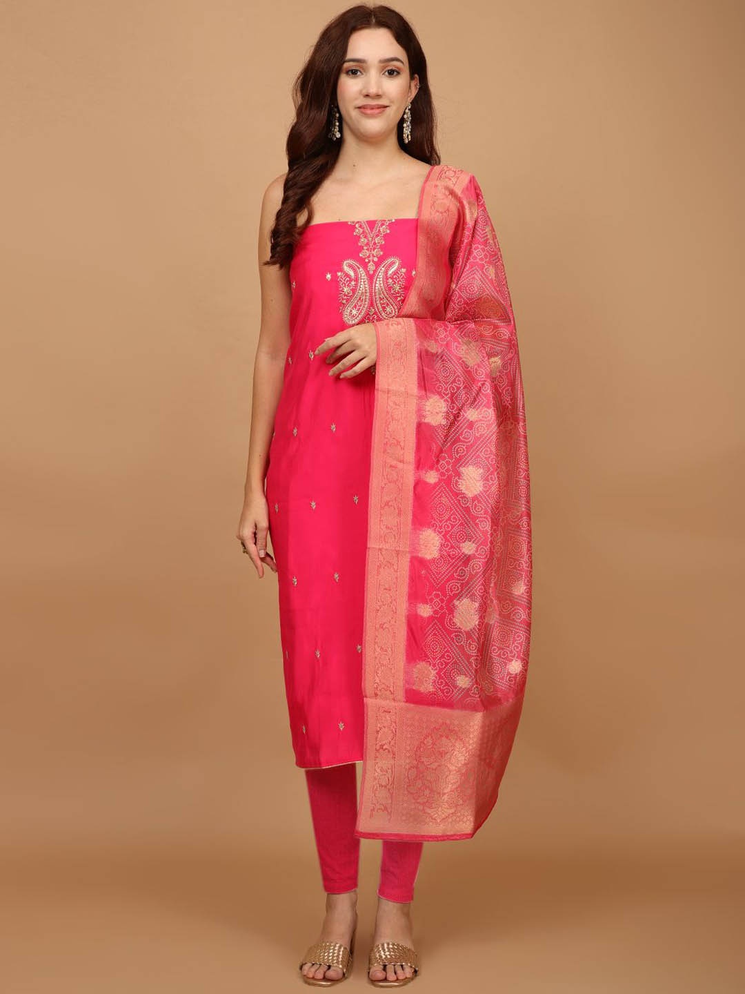 

Meena Bazaar Paisley Embroidered Unstitched Dress Material, Pink