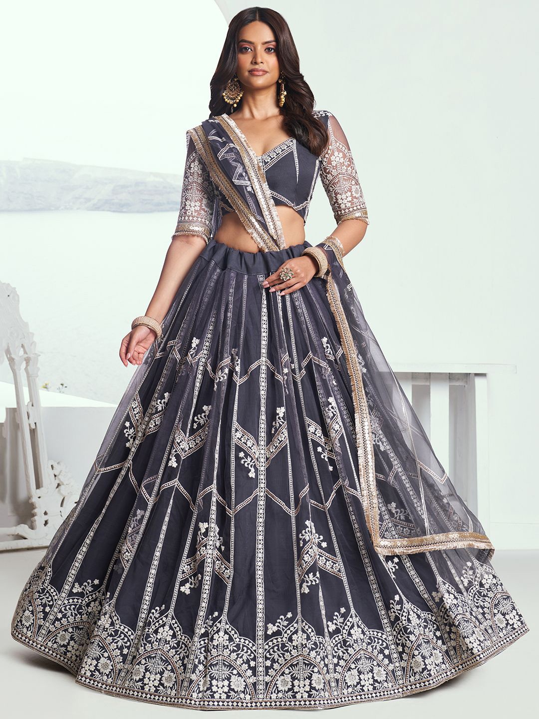 

FABPIXEL Embroidered Sequinned Semi-Stitched Lehenga & Unstitched Blouse With Dupatta, Grey