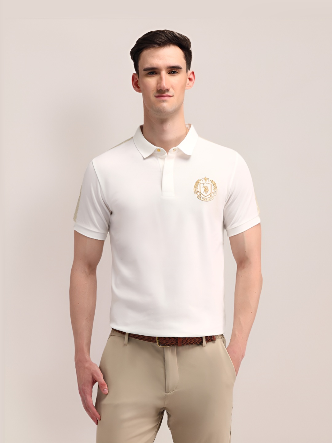 

U.S. Polo Assn. Men Brand Logo Printed Polo Collar Cotton Slim Fit T-shirt, White