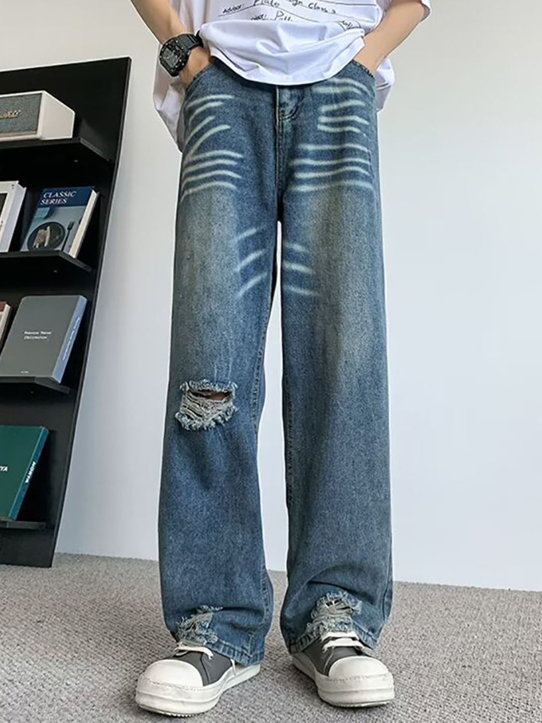 

StyleCast x Revolte Men Straight Fit Mildly Distressed Light Fade Jeans, Blue