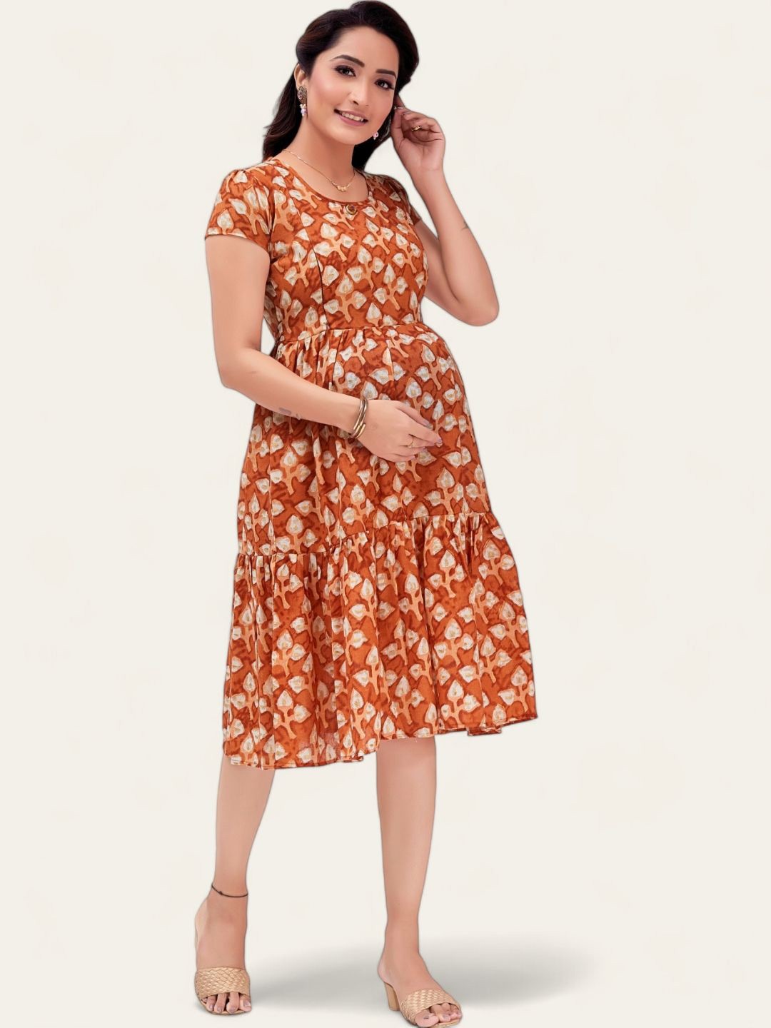 

RITIJYA Printed Maternity Fit & Flare Midi Dress, Orange
