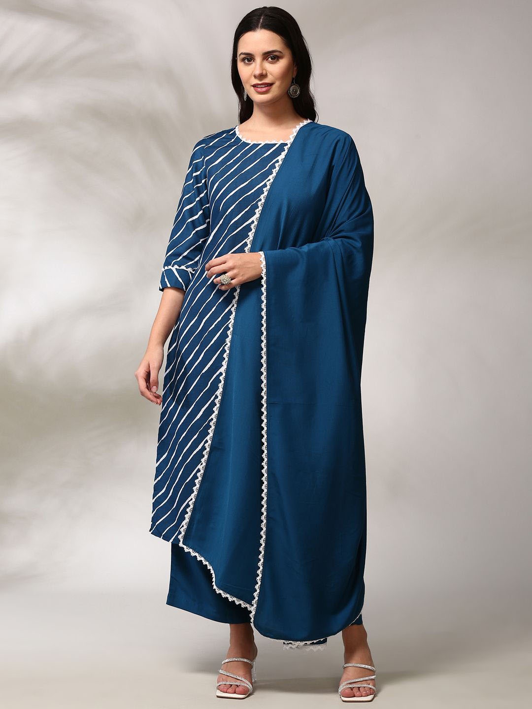 

Anouk Blue Leheriya Printed Round Neck Straight Kurta with Trousers & Dupatta