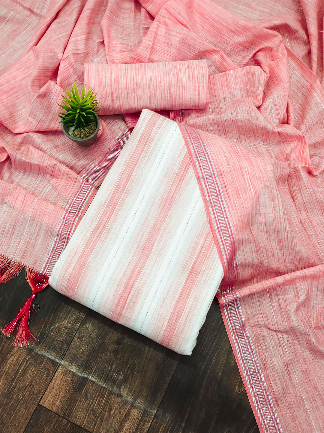 

Maroosh Striped Embellished Cotton Jacquard Unstitched Dress Material, Pink