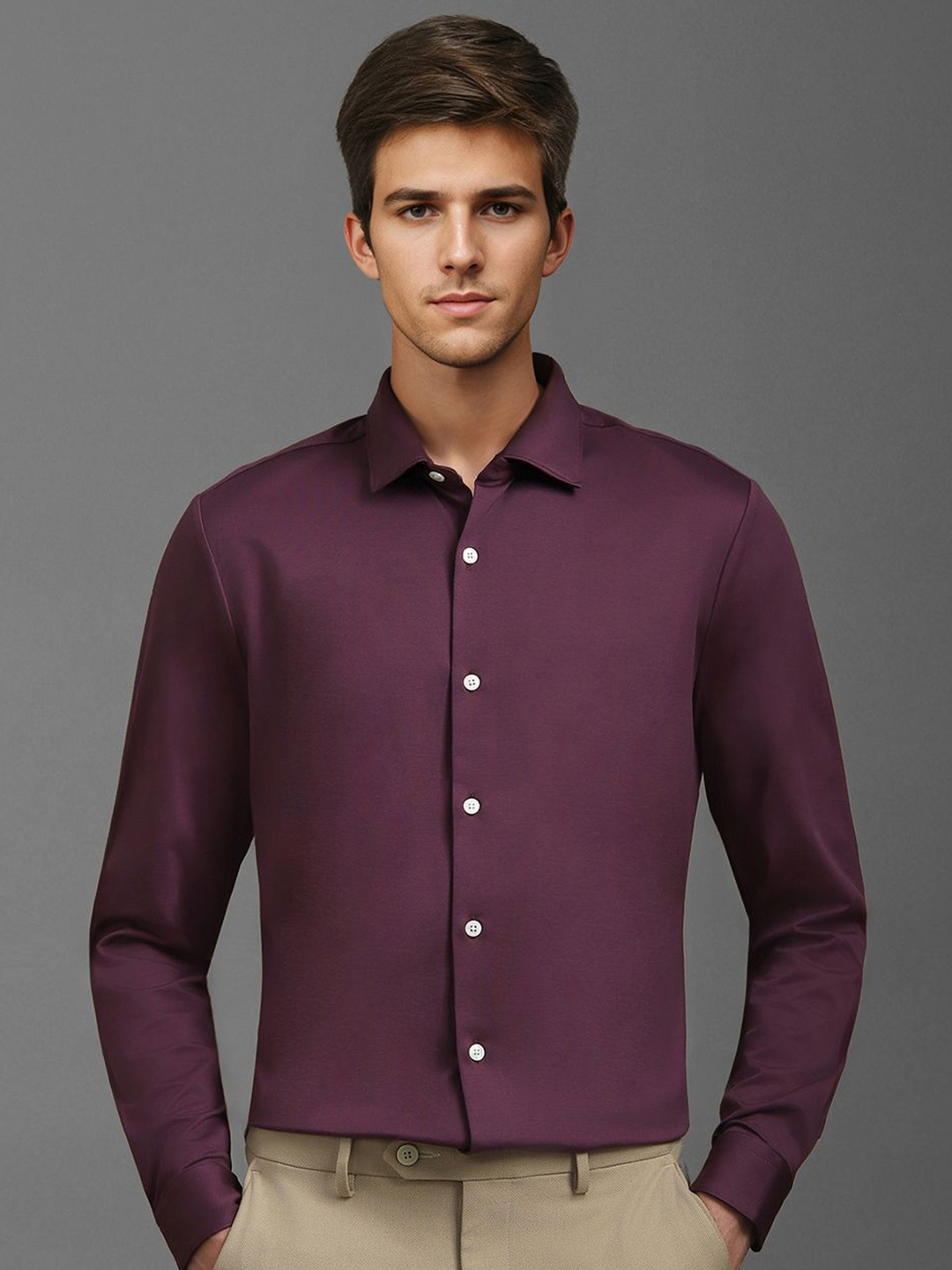 

Louis Philippe Men Spread Collar Solid Cotton Slim Fit Formal Shirt, Purple