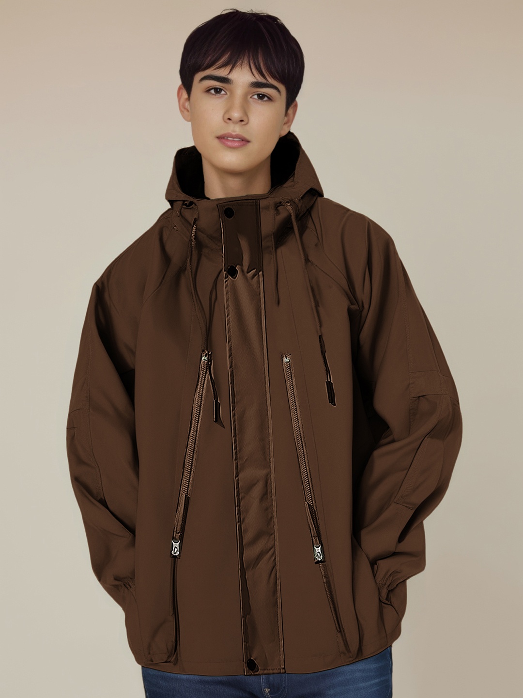 

StyleCast x Revolte Men Hooded Solid Casual Bomber Jacket, Brown
