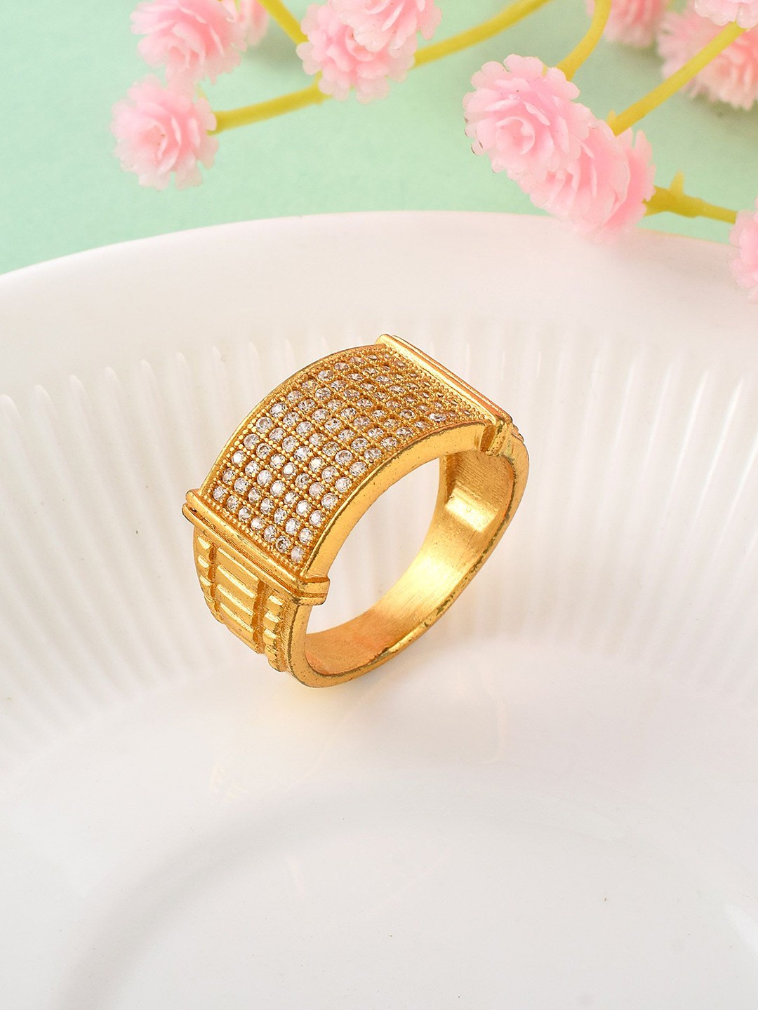 

MEMOIR Men Gold-Plated Lab Diamond Stone-Studded Finger Ring
