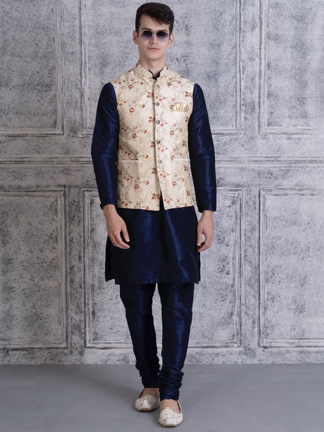 

Ethluxis Mandarin Collar Jacquard Dupion Silk Kurta With Churidar & Nehru Jacket, Navy blue