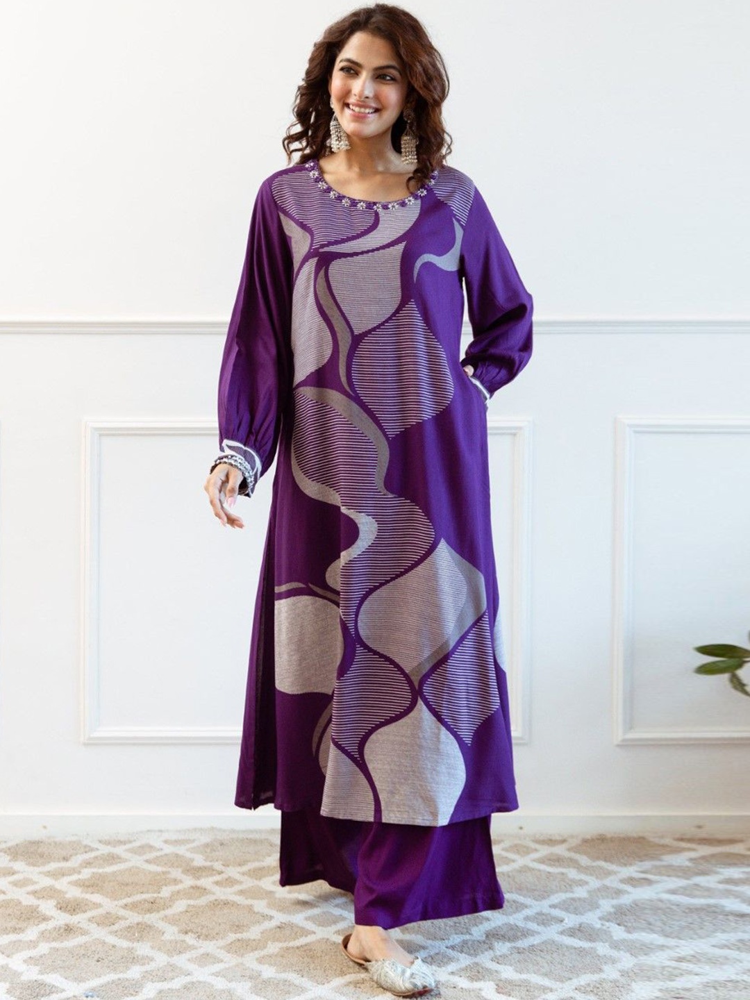 

AUTUMN LANE Abstract Printed Pure Cotton A-Line Kurta With Trousers, Purple