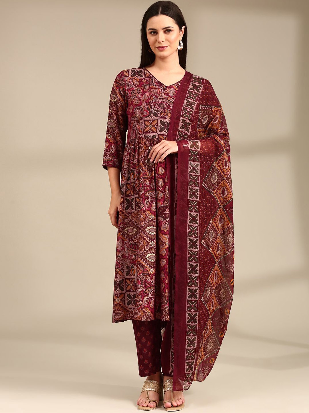 

Anouk Maroon Floral Printed V-Neck A-Line Kurta with Trousers & Dupatta