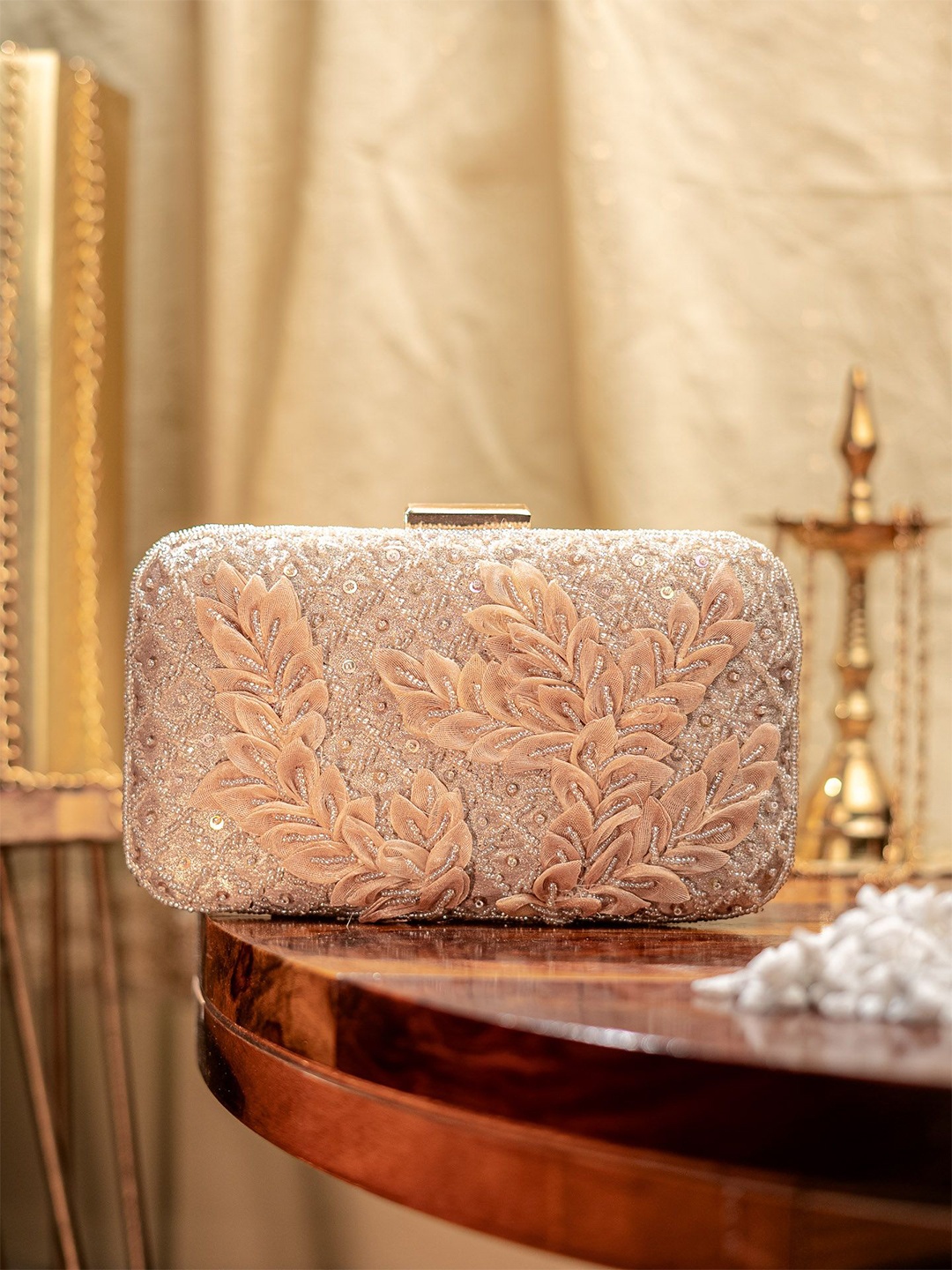 

NR By Nidhi Rathi Embellished Box Clutch, Peach