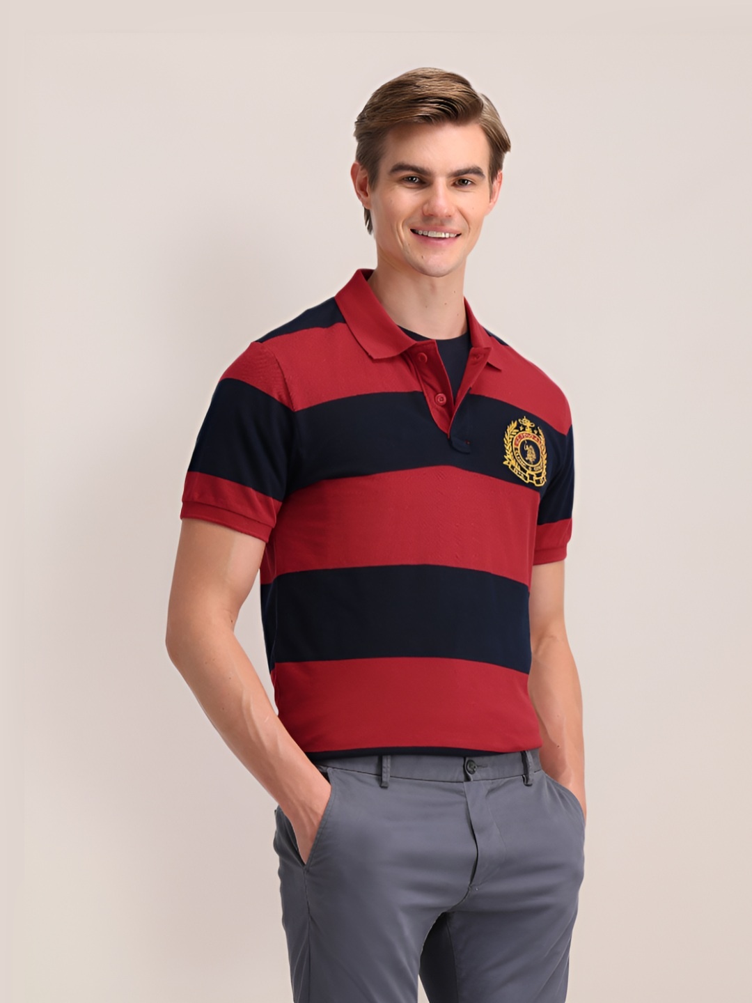 

U.S. Polo Assn. Men Striped Polo Collar Cotton Slim Fit T-shirt, Red