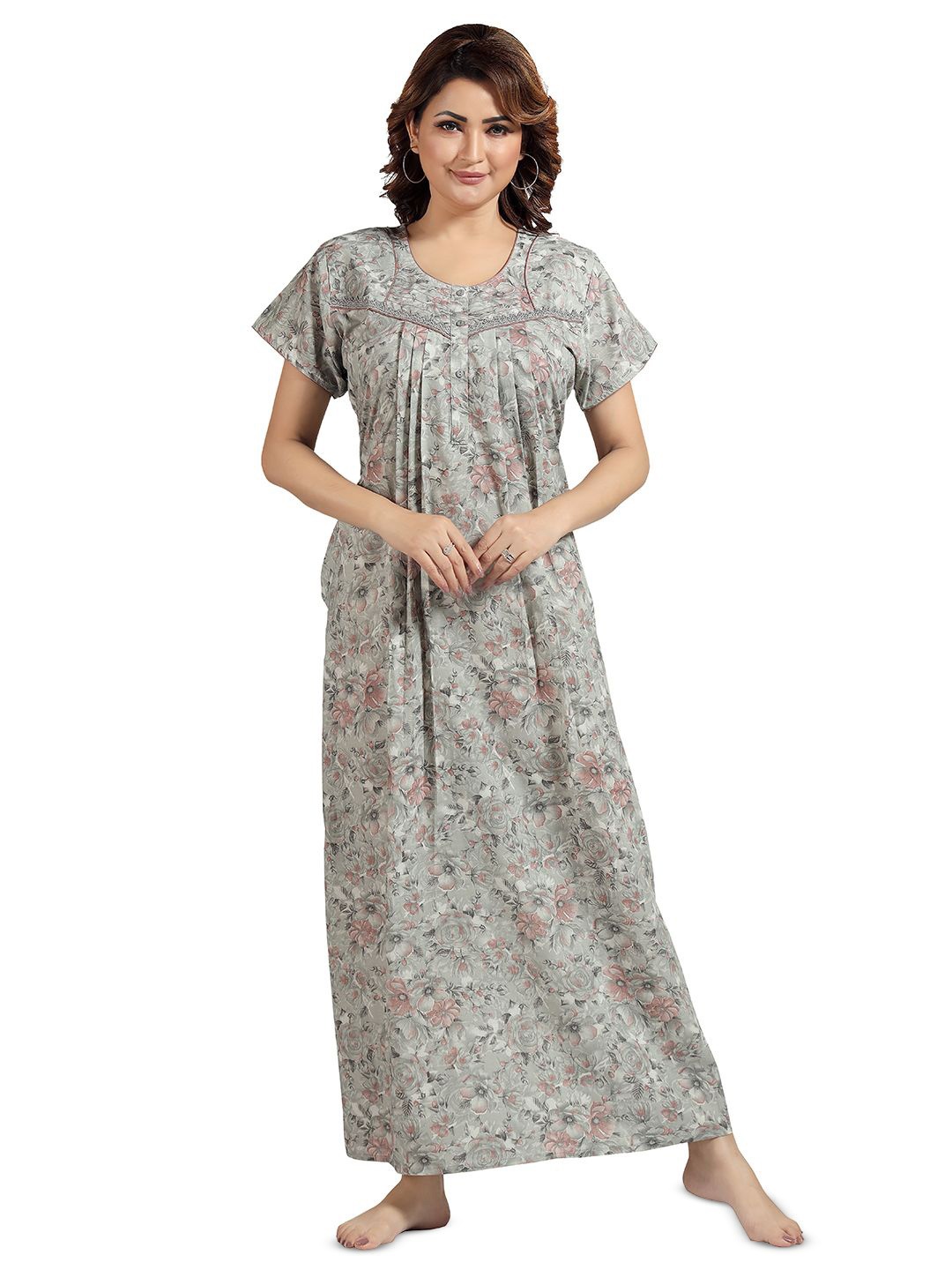 

NIGHT QUEEN Women Floral Printed Pure Cotton Everyday Maxi Nightdress, Grey