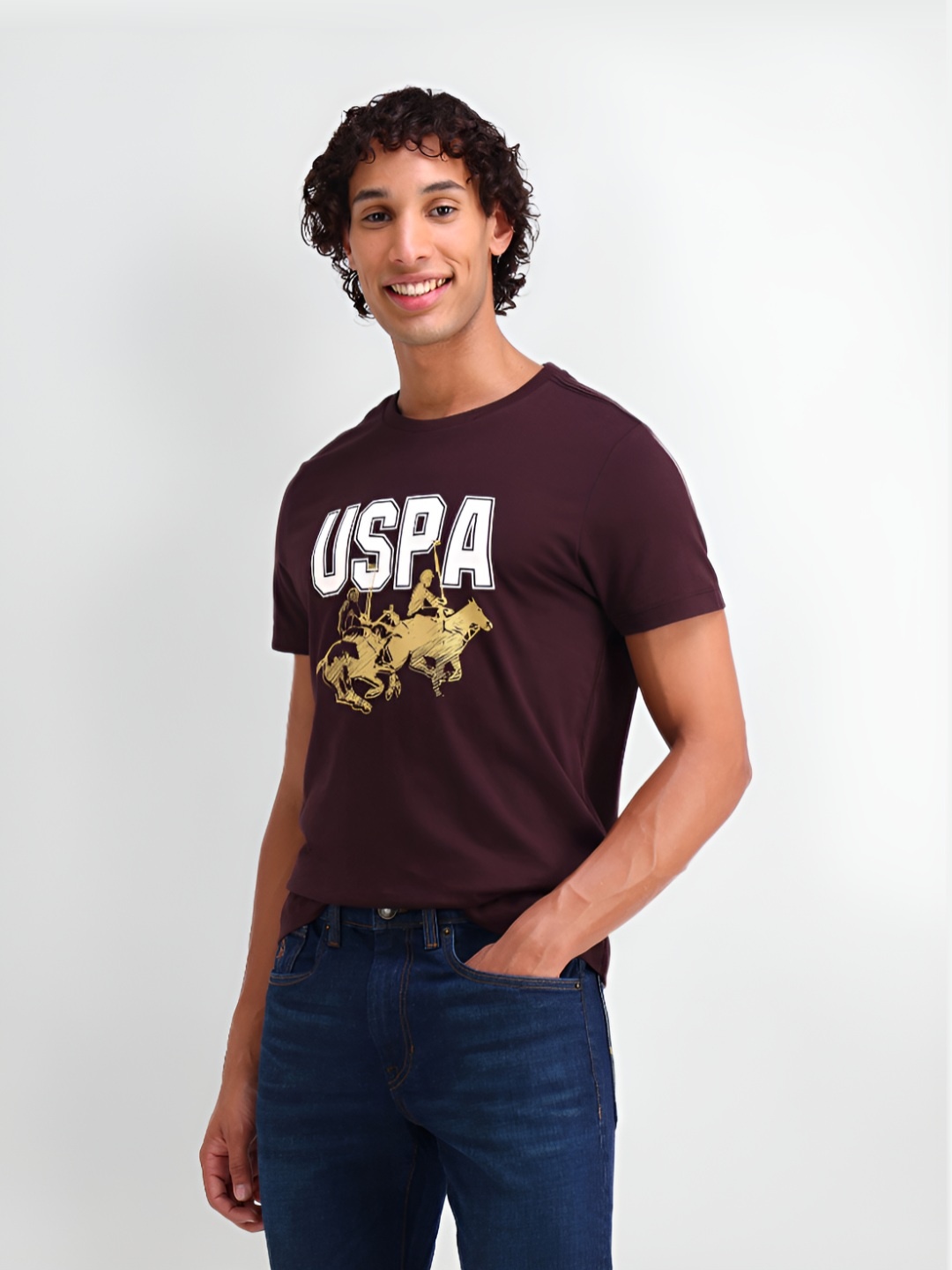 

U.S. Polo Assn. Denim Co. Men Brand Logo Printed Round Neck Cotton Slim Fit T-shirt, Maroon