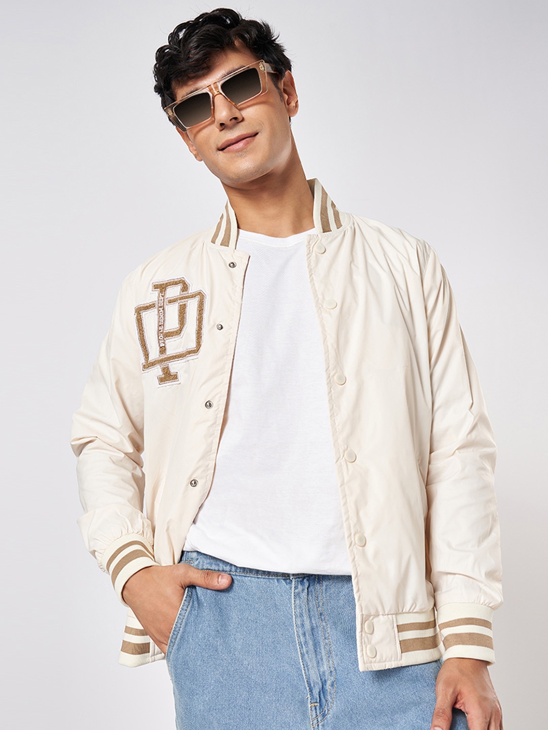 

People Men Stand Collar Abstract Printed Casual Varsity Jacket, Off white