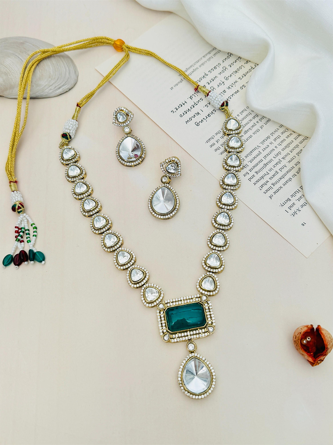 

ABDESIGNS Gold-Plated Polki American Diamond-Studded Jewellery Set