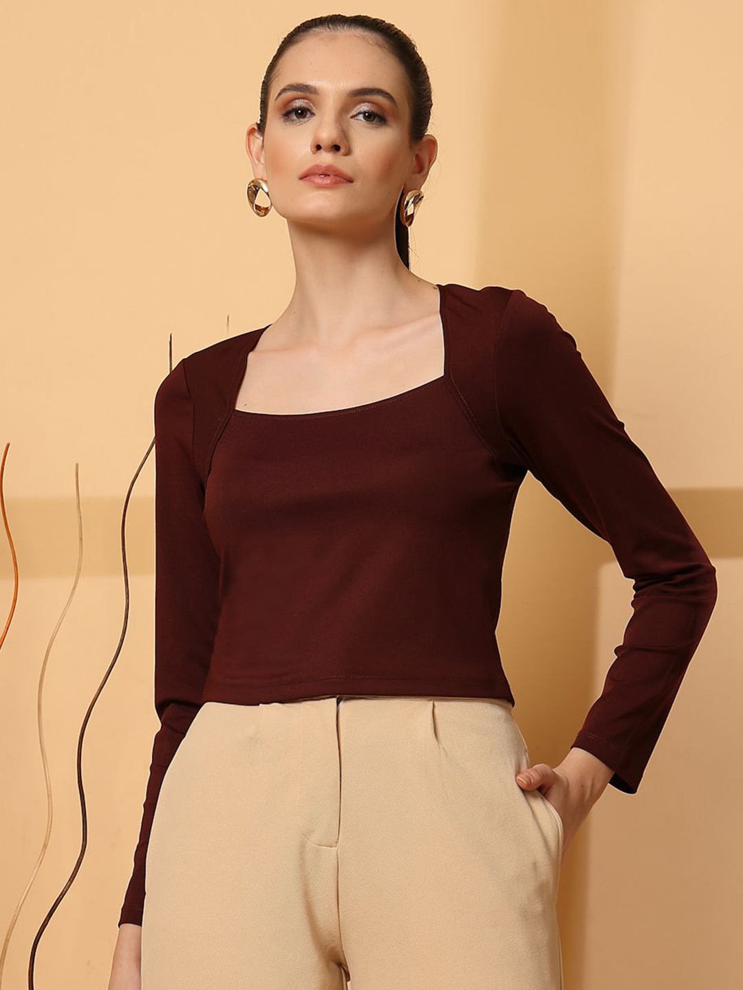

STYLECAST X KASSUALLY Women Long Sleeves Square Neck Top, Maroon